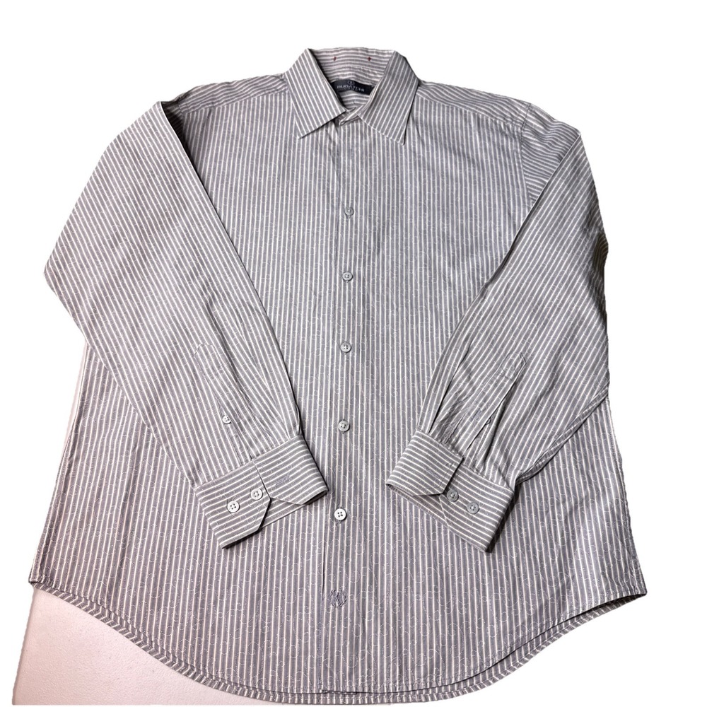 Bugatchi Uomo Dress Shirt Mens Large Gray Blue White Striped Cotton Button Up